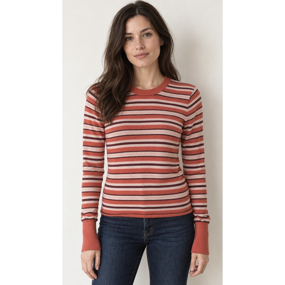 J.Crew Striped Merino Wool Sweater M Coral Pink Burgundy Crew Neck Lightweight